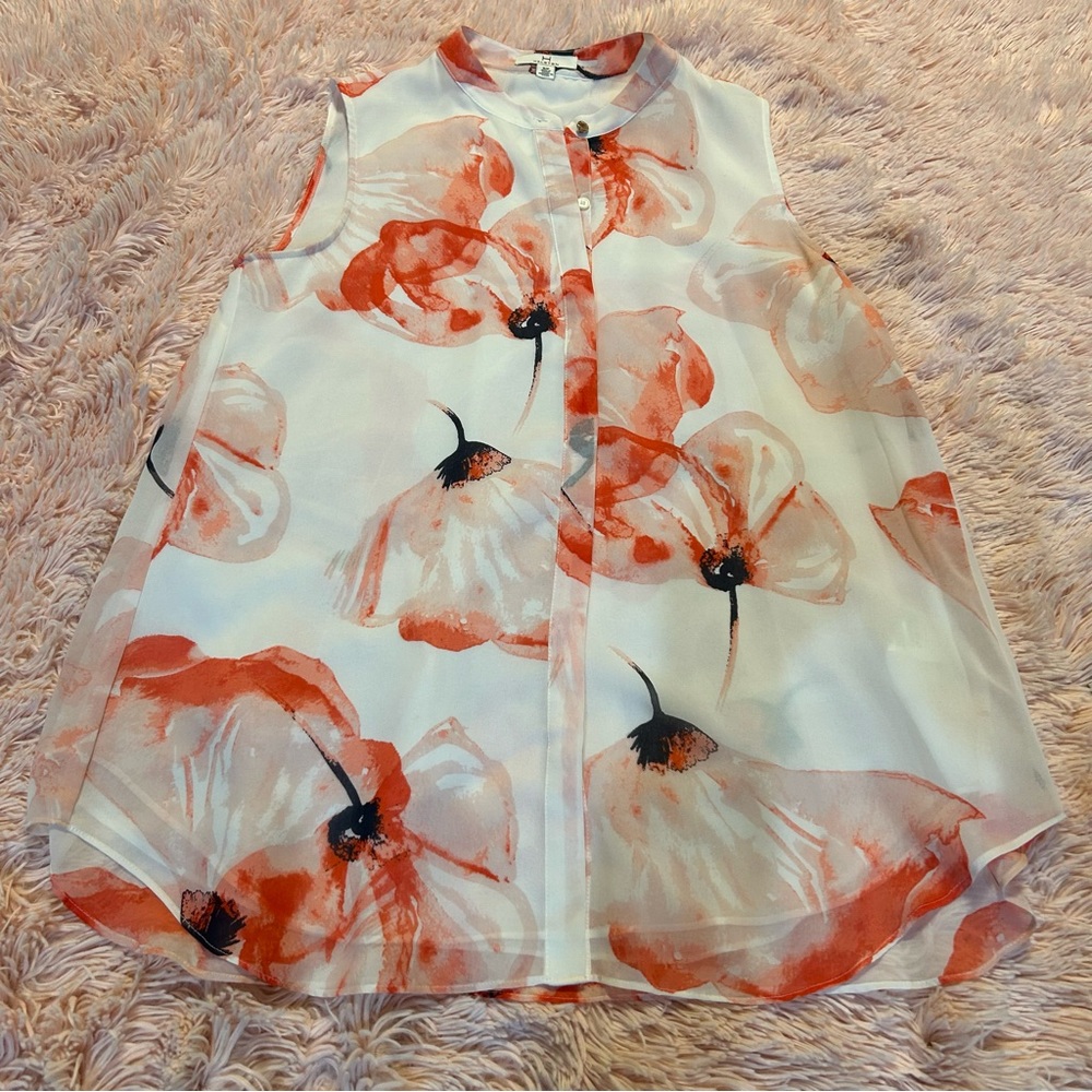 H Halston sheer button down poppy seeds flowers blouse feminine bohemian Size SP